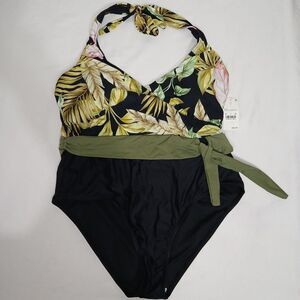Lands End Women’s L Floral Halter Top One Piece Belted Bathing Suit Swimsuit NWT
